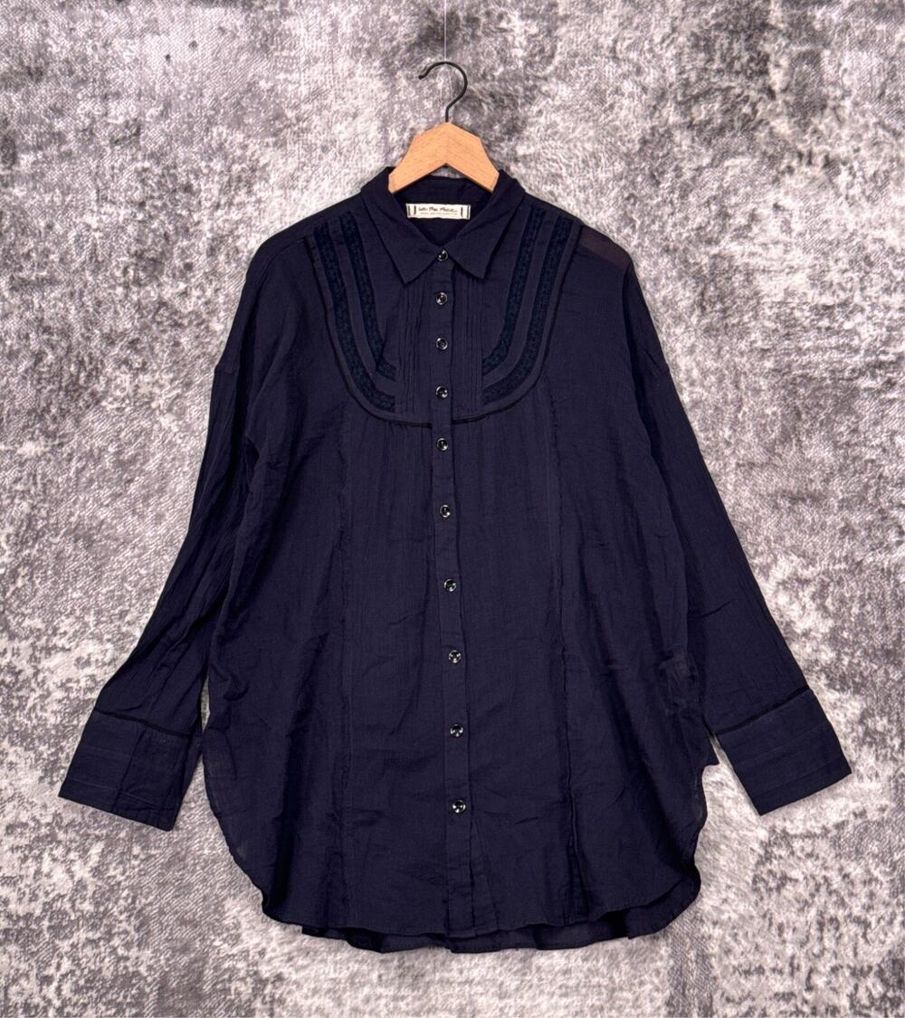 Free People Top Medium Womens Blue Bibbed Collar Long Sleeve Button Tunic Shirt